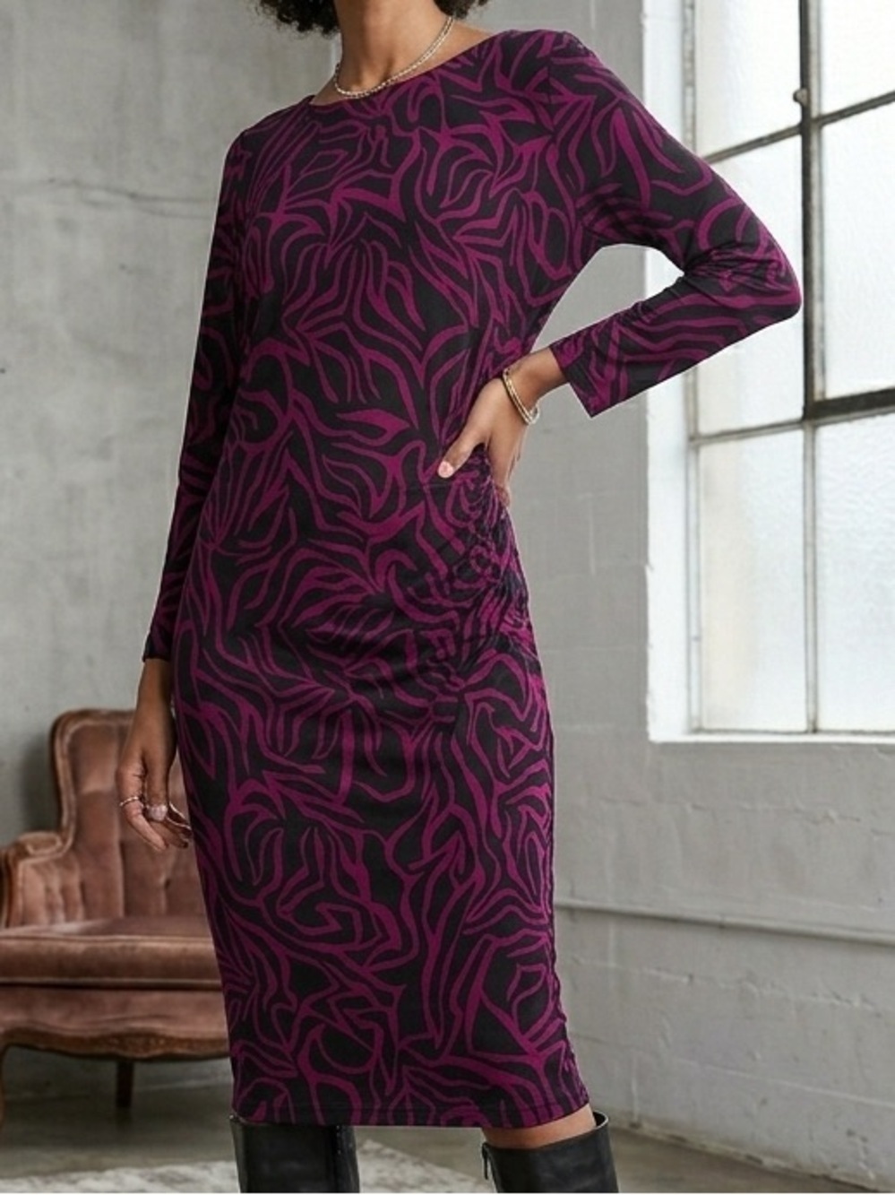 Anne Klein Black and Purple Long Sleeve Patterned Sheath Dress